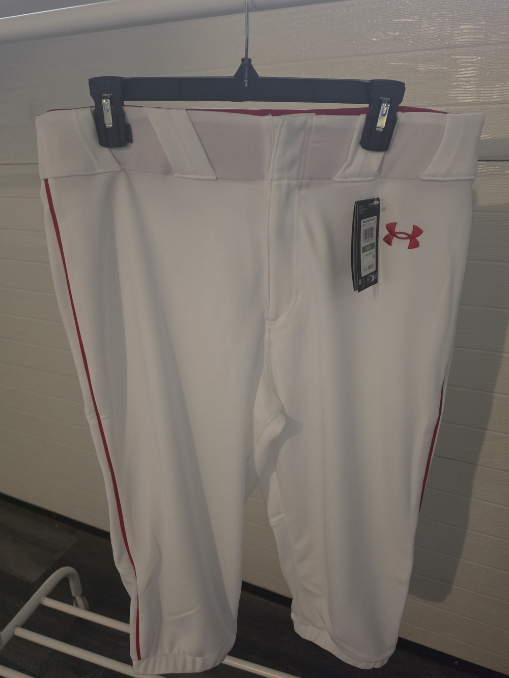 Under Armour Mens White Baseball Pants with Red Logo & Piping Size L